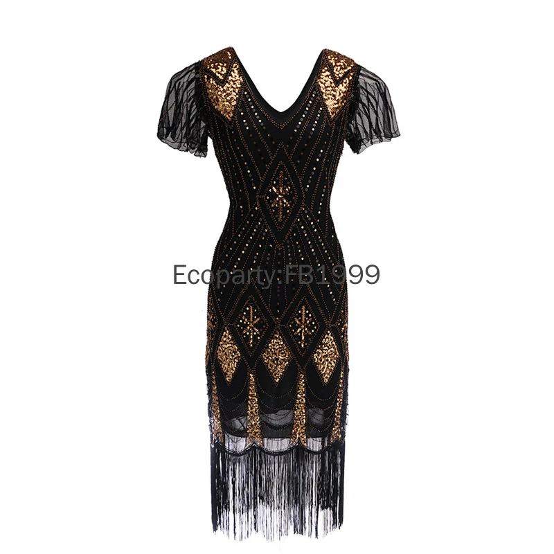1920s Women Flapper Fringe Dress Sexy V-neck Butterfly Sleeve Sequin Banquet Party Evening Dress Ladies Vintage Gatsby Costumes