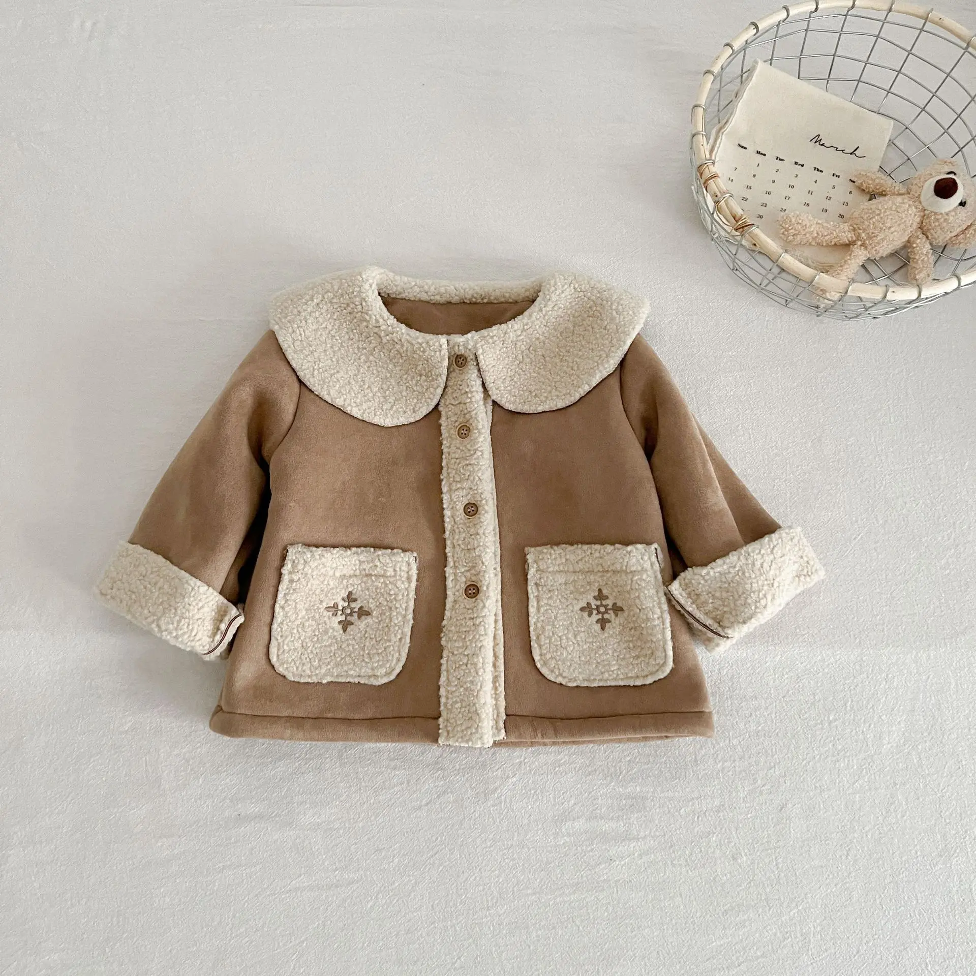 2026 Winter New Girls Faux Suede Coat with Floral Embroidery Fleece-Lined Warm Jacket for Baby Toddler Kids 1 2 3 4 5 6 7 Years