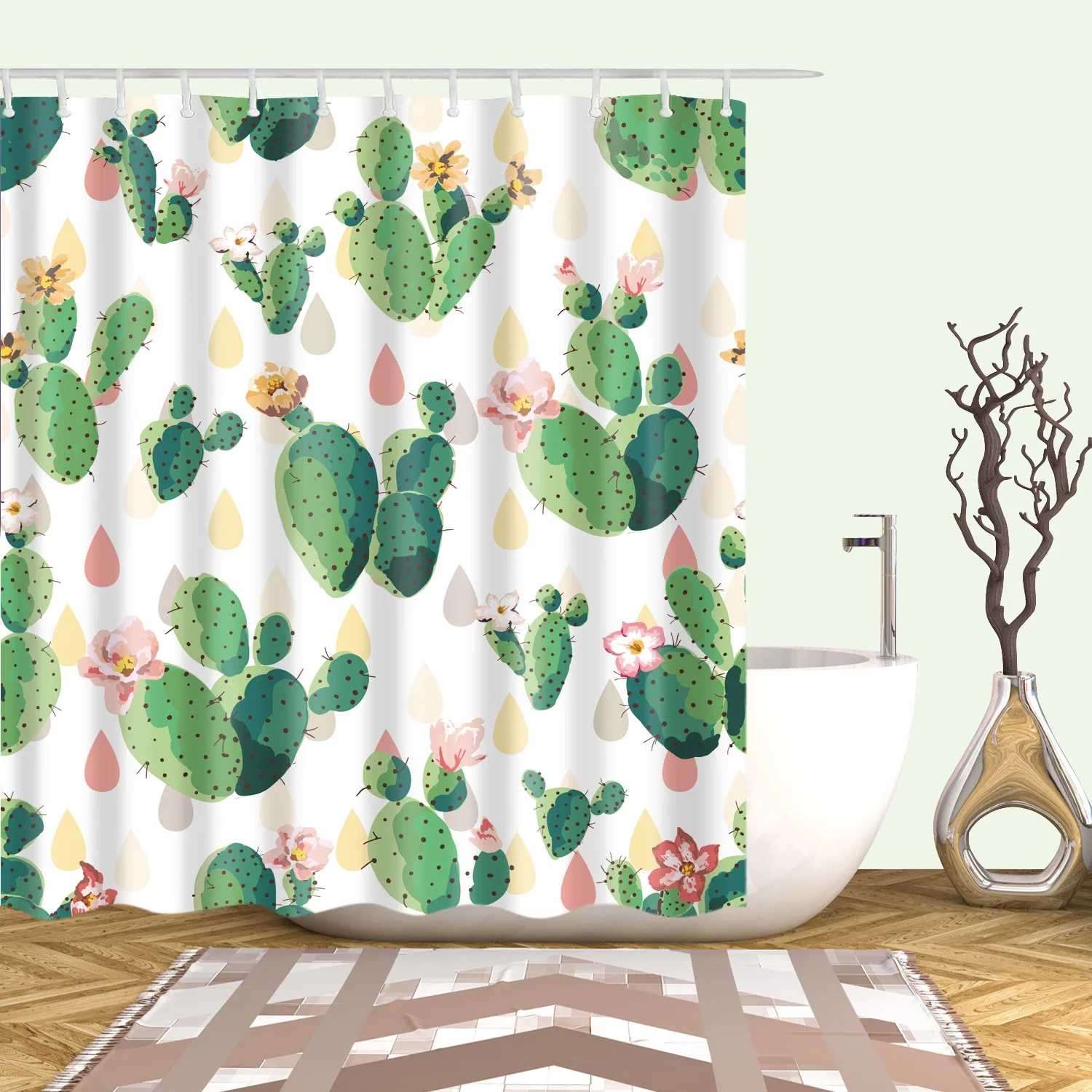 Tropical Greenery Shower Curtain Succulent Cactus Palm Pineapple Tropical Fruit Cat Bathroom Decoration Shower Curtain With Hook