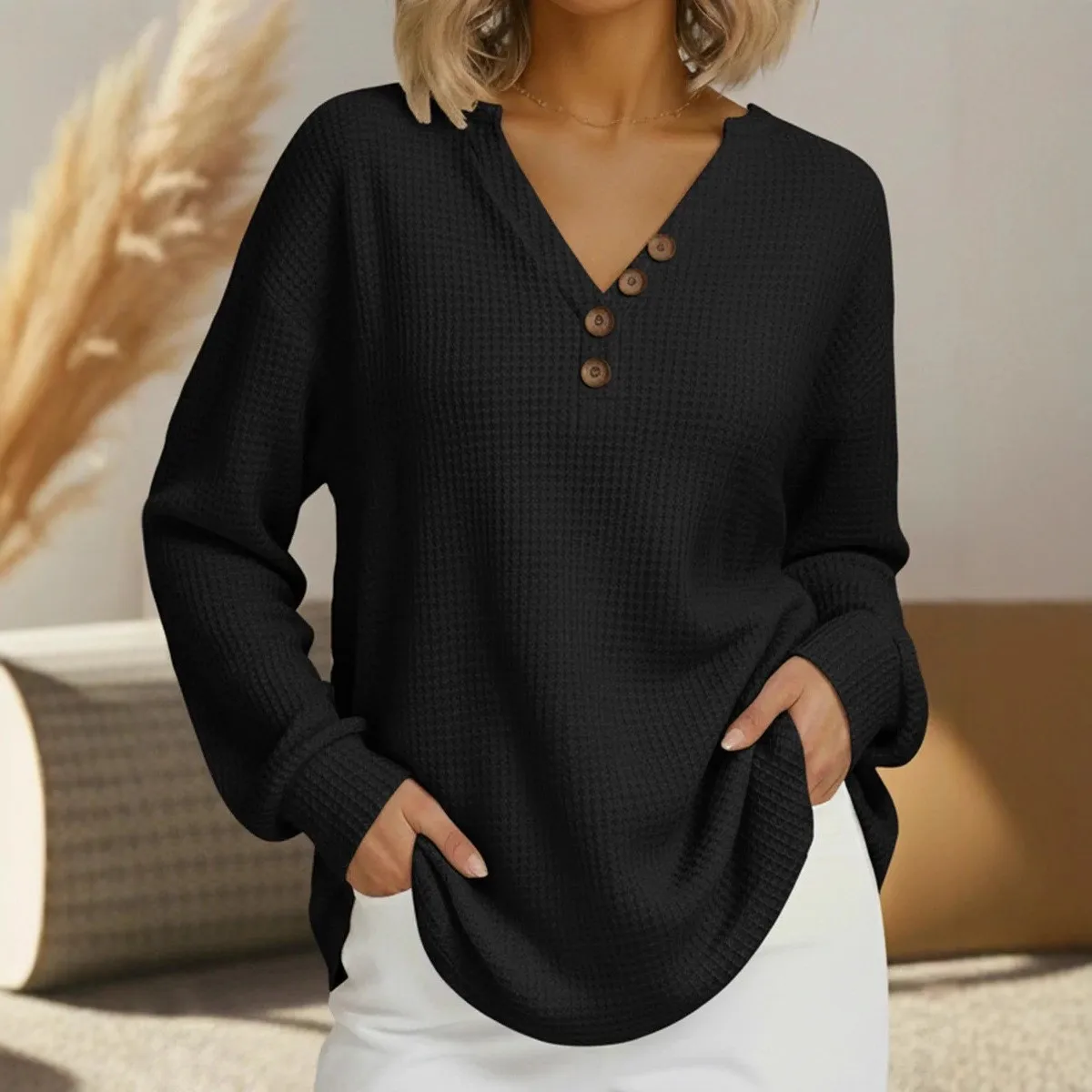 Women's Long Sleeve Top V Neck Button Front Waffle Knit Solid Color Regular Length Relaxed Fit Women T-shirt with Curved Hem