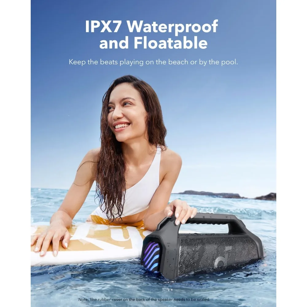 

Портативная Bluetooth-колонка 140 Вт с BassUp 2.0, 20 часов работы, водонепроницаемость IPX7, RGB-подсветка, функция Power Bank, быстрая зарядка для улицы