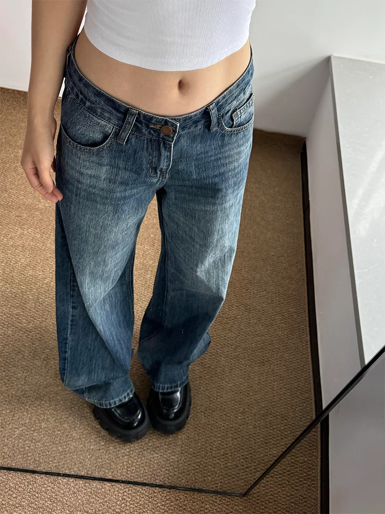 plus Size American Retro Blue Jeans Women Low Waist Loose Slimming Casual Straight Leg Floor-Length Pants Versatile Everyday ...