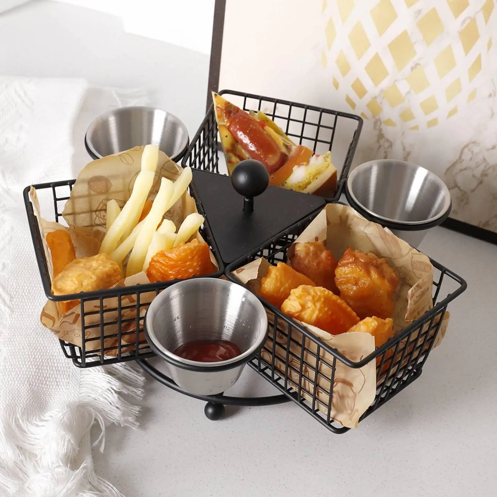 Rotating Fried Food Serving Basket with Sauce Holder for Fries Chicken Skewers Restaurant Home Use