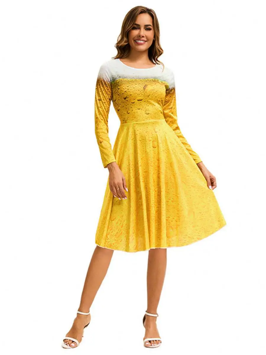 Traje de Cerveza con Deadado Amarillo para Festivs y Celebraciones, Traje Tradicional Étnico para Mujer, Ropa de Actuaci...