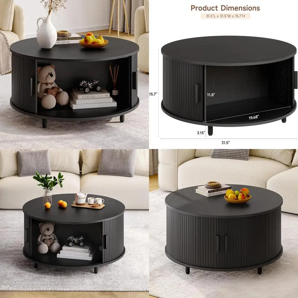 

Modern 31.5 Round Coffee Table with Fluted Wood Accent and 360° Sliding Door Storage Solution