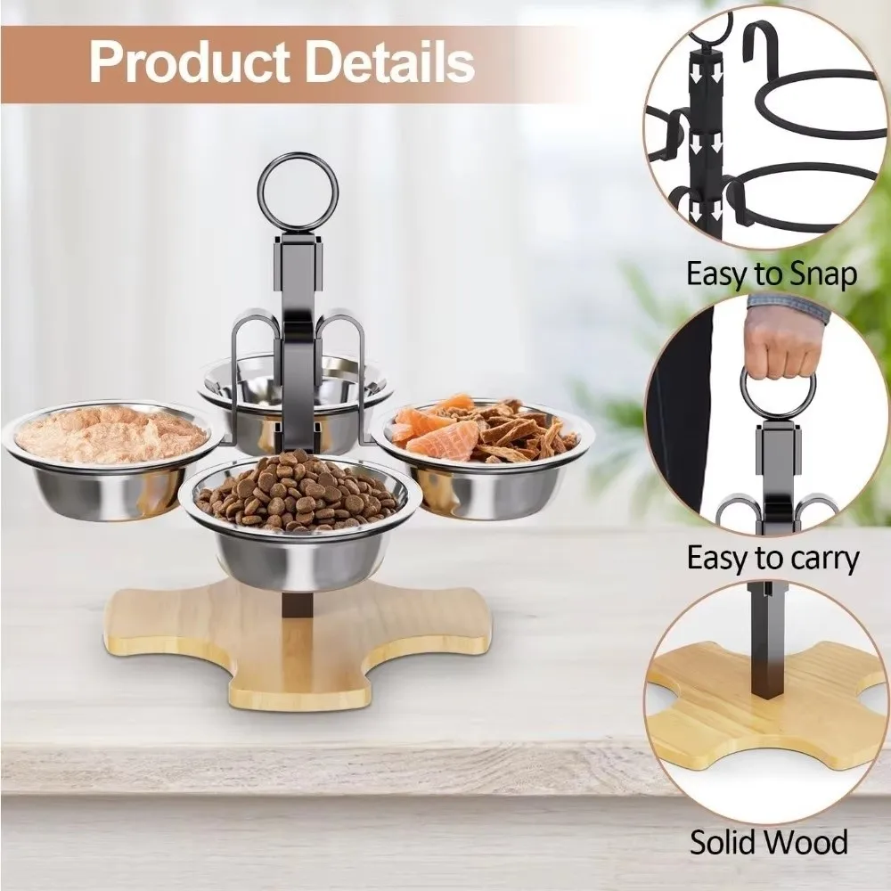 Stainless Steel Elevated Pet Feeding Stand High Platform Neck-Protecting Pet Bowls With Stand 4-Bowl Adjustable Height