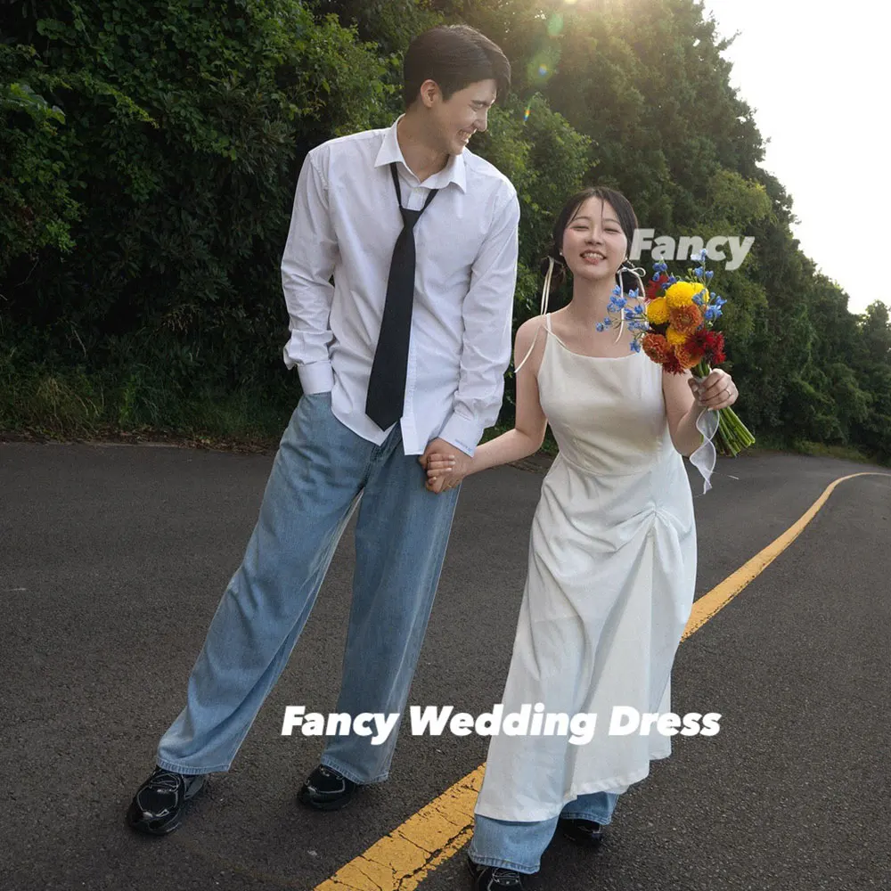 Fancy Simple Korea O Neck Wedding Dress Photo Shoot A Lien Elastic Satin Evening Party Dresses Back Corset Customized