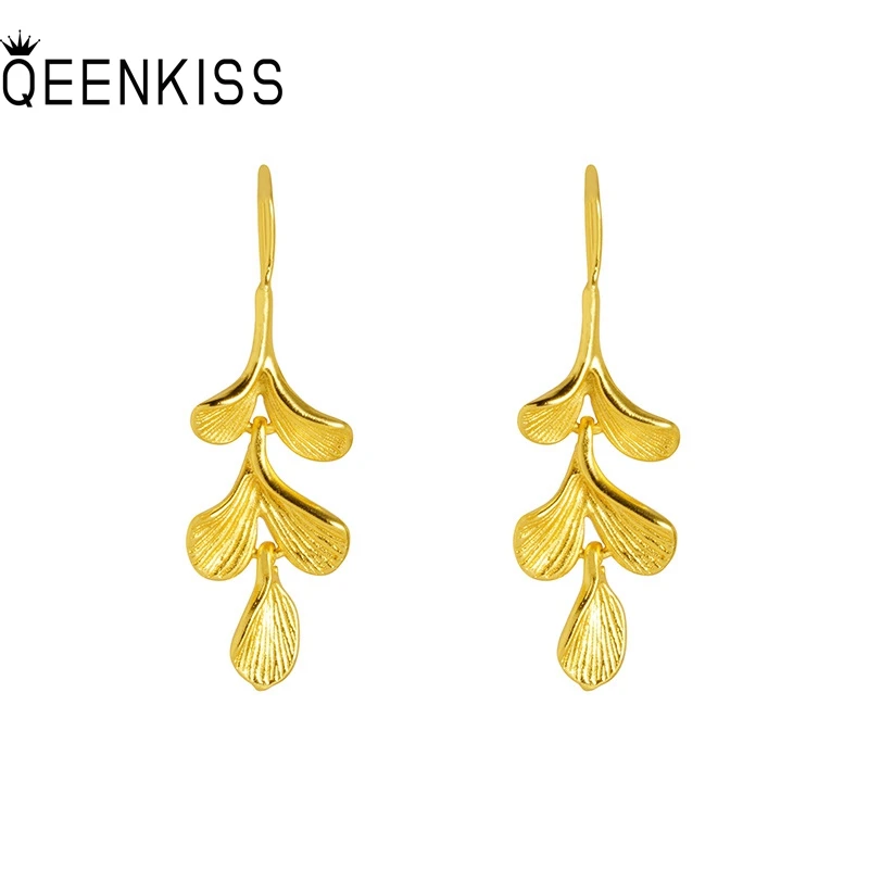 

QEENKISS Gold Vintage Ginkgo Long Drop Earrings For Women Wedding Party Birthday Christmas Bride Mother Girl Lady Gifts EG5452