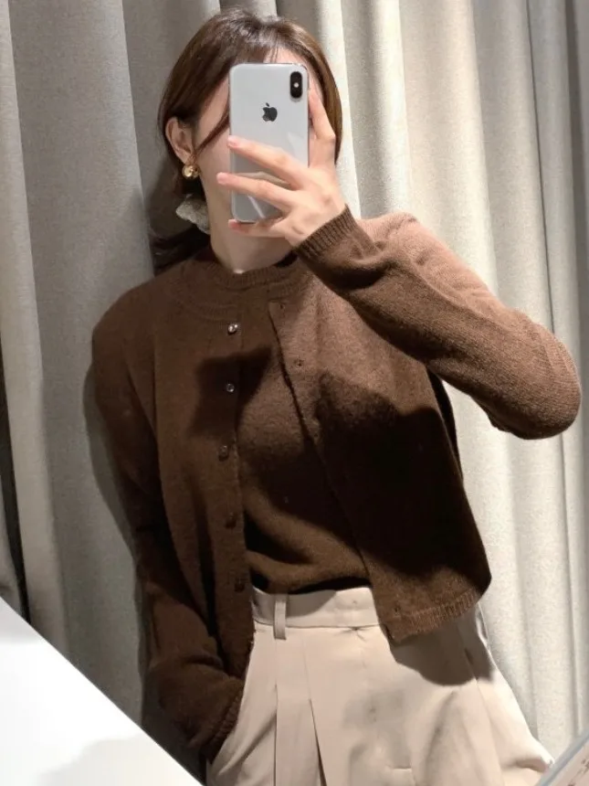 

Chic Dongda Gate ort Sve Knitted Sweater + round Ne Long Sve Cardigan Two Piece Set Autumn Faion Commute Sle Pu...