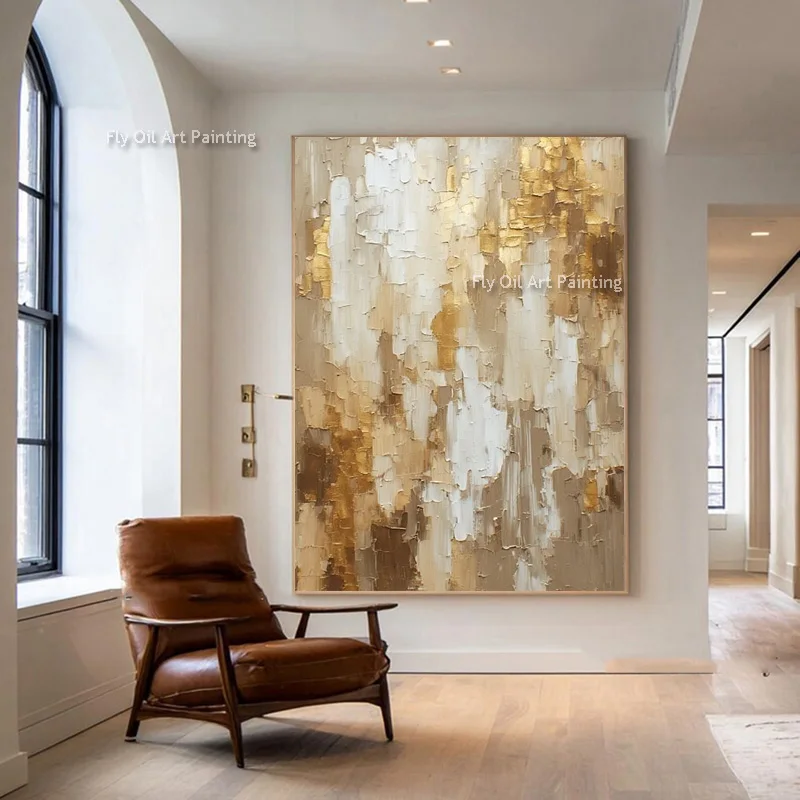 Hand Painted Palette Knife Gold Abstract Oil Painting, Thick Impasto Neutral Canvas Art, Luxury Vertical Entryway Wall Decor