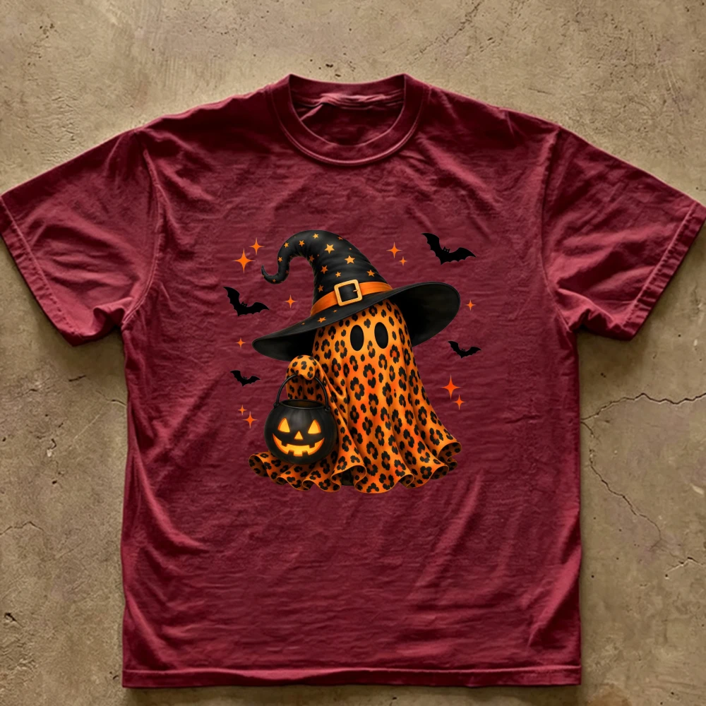 Leopard Print Ghost T‑Shirt Witch Hat Pumpkin Trick‑or‑Treat Bucket Bat Glitter Star Retro Wild Spooky Season Cotton Casual Tops