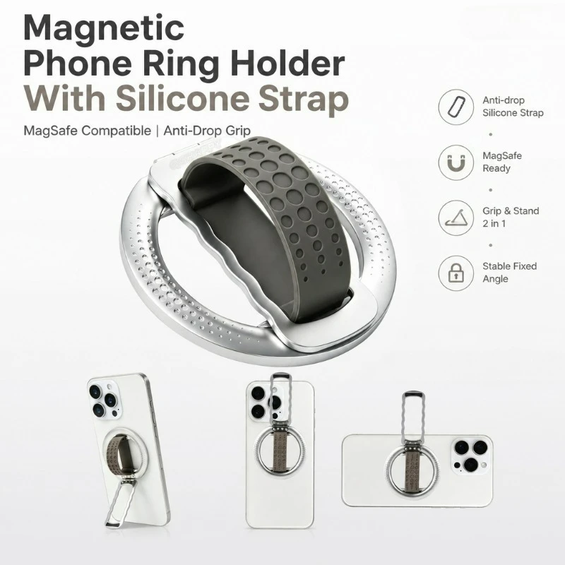 Phone Holder Magnetic Finger Ring Magsafe Silicone Strap Stand Portable for IPhone 17 16 15 Pro Max Plus Samsung Galaxy Xiaomi