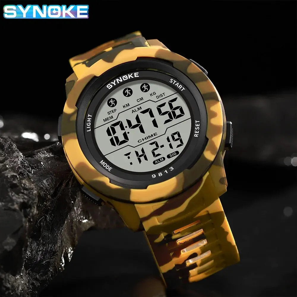 SYNOKE Men Outdoor Sports Multifunctional Waterproof Large Screen Display Luminous LED Digital For Men Fashion Camouflage Watch