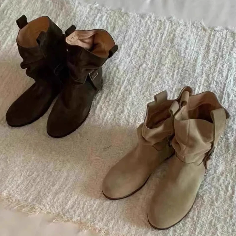 Aneikeh الخريف الشتاء ساحة منخفضة عالية الكعب امرأة حذاء من الجلد خمر الشرير نمط حزام مشبك جولة تو أحذية السيدات #6