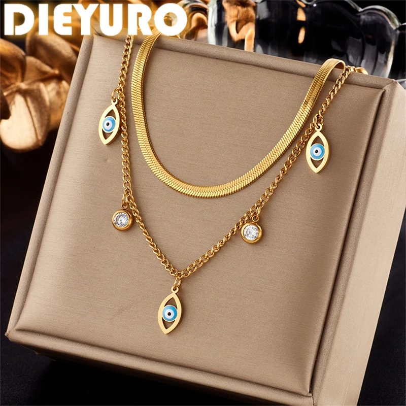 DIEYURO 316L Stainless Steel The Evil Eye Round Zircon Pendant Double-layer Snake Bones Necklace Lady Fashion Waterproof Jewelry