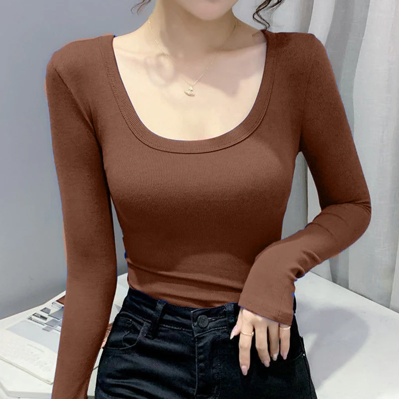 Women Long Sleeve Top T Shirt Autumn Solid Rib Knit Basic Tee Shirt Femme Slim Korean Fashion Clothing Female Pullover T-shirts