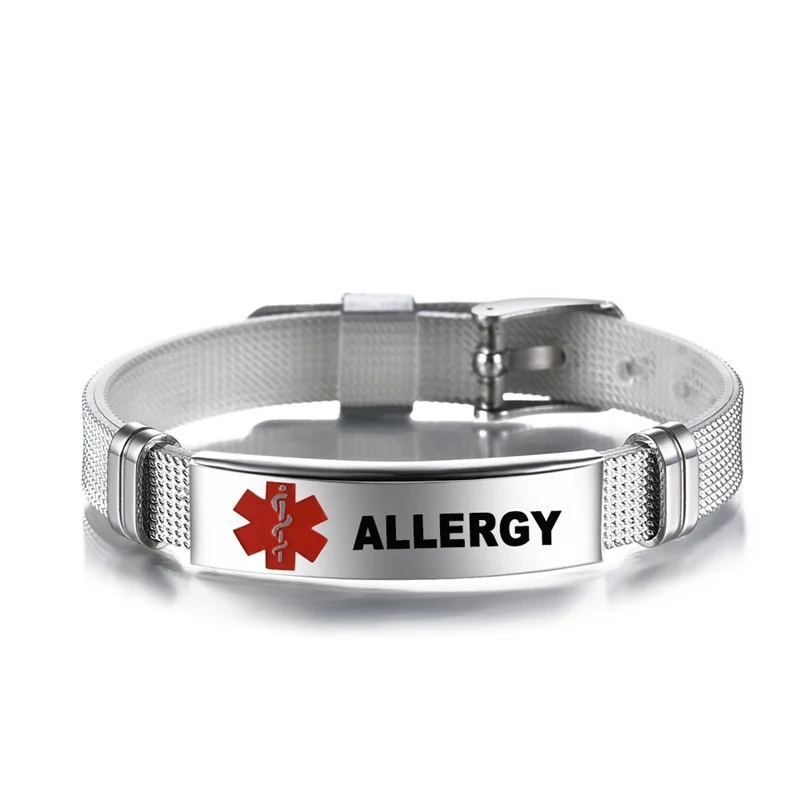 Personalized Medical Alert ID Bracelet Laser Engraved Allergy Stainless Steel Mesh Belt Wristband Emergency Bangle for Men Women