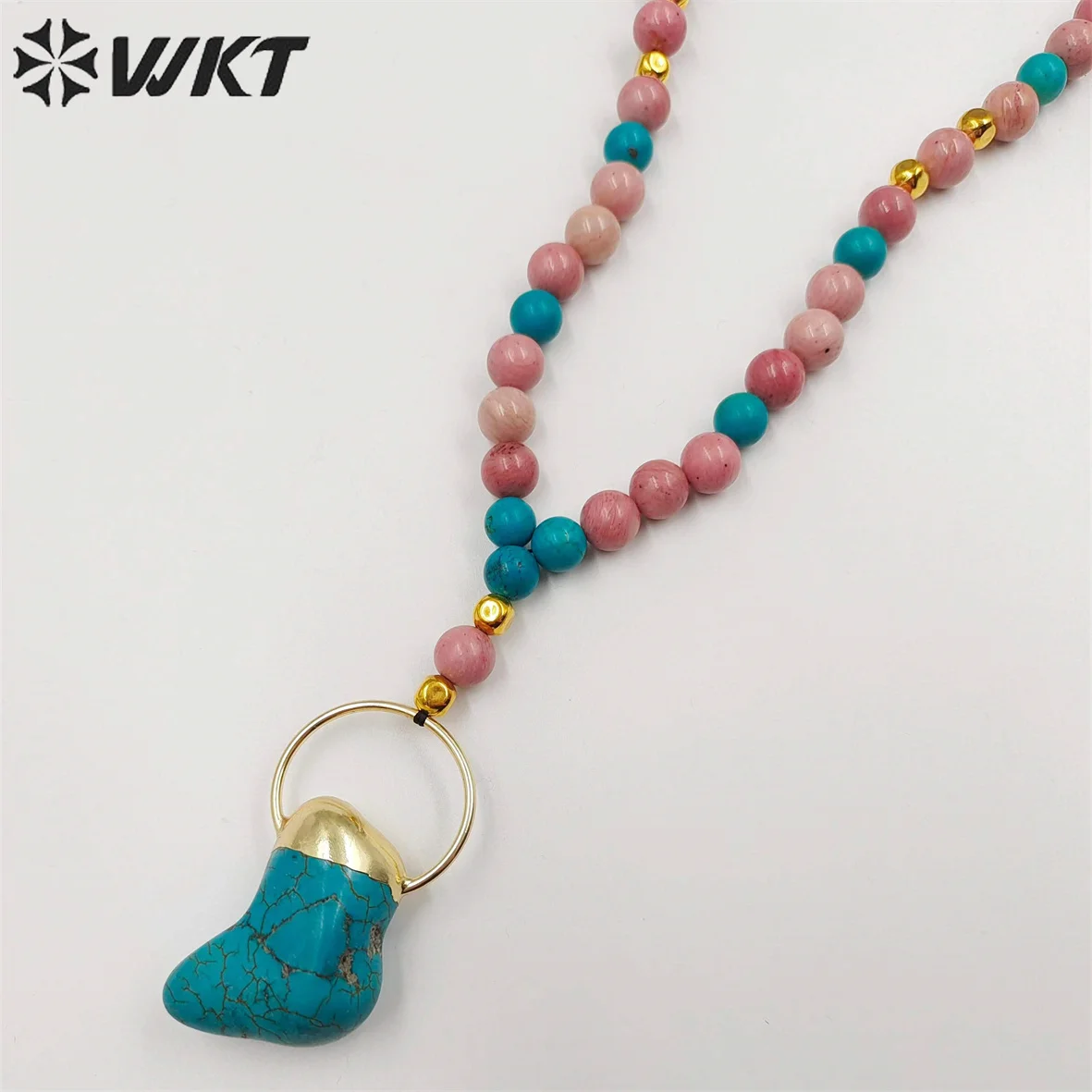 WT-N1410  WKT 2025 Fashion New Design Pink Opal&Turquoise Necklace Pendant Hot Sale 30inch Gemstone birthday Party Gift