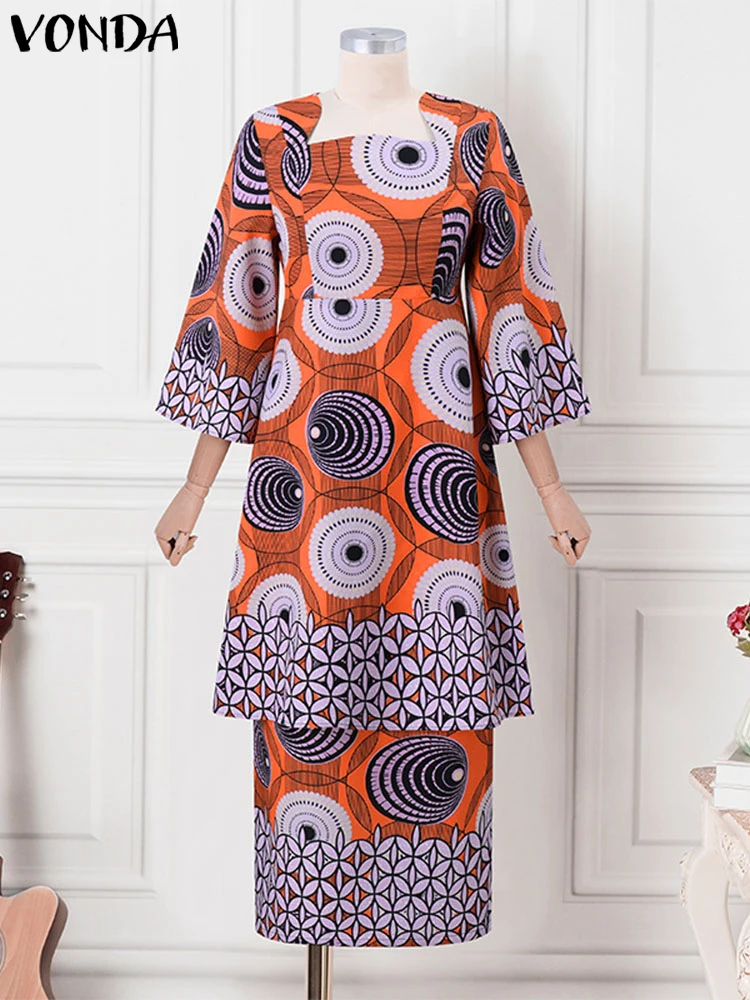 VONDA Women 2025 Dress Outfits Bohemian Printed Two-piece Sets Vintage Square Collar Matching Sets Oversized Casual 2PCS
