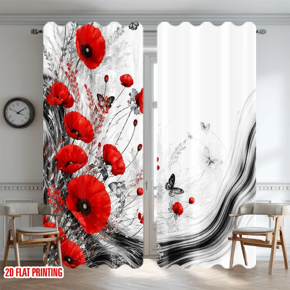 2D flat printing 2pcs Curtain Drapes Red Poppies and Butterflies Digital Printed Polyester Drapes Party Decorations Use for New