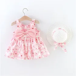 2Pcs Summer Girls New Dress Sweet Sleeveless Small Flower Print Big Bow Cotton Cloth Skirt Suitable for 0-3 Years Old