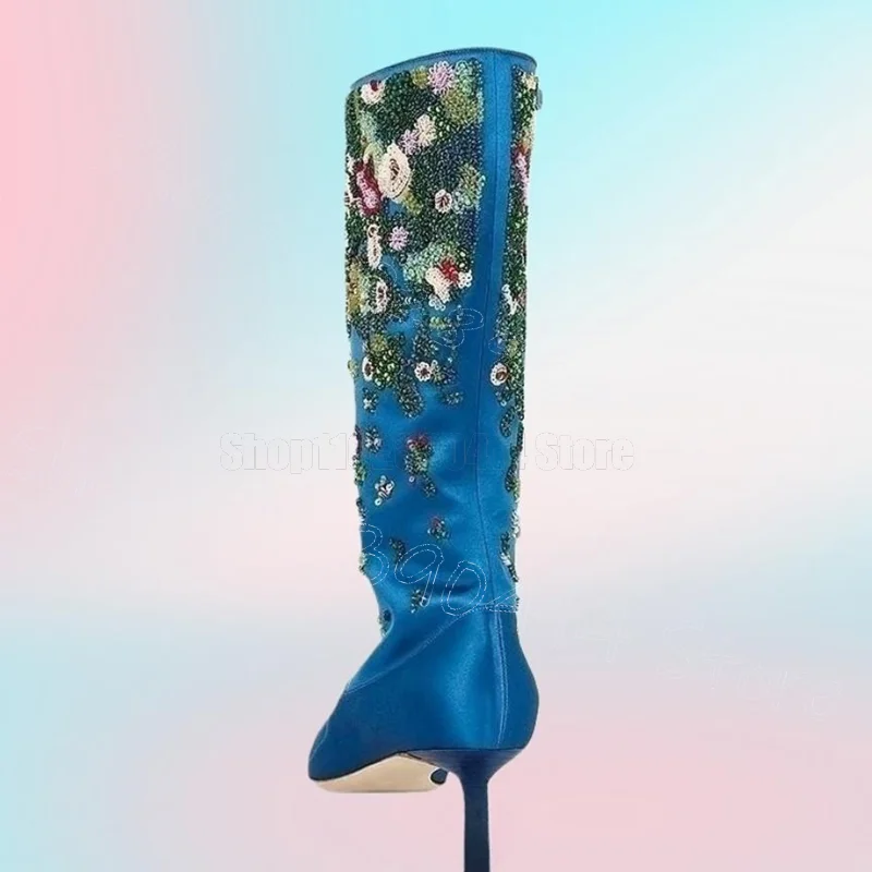 Colorful Floral Embroidery Blue Pointed Toe Boots Slip On Women Shoes Thin High Heels New Party Banquet 2026 Zapatos Para Mujere