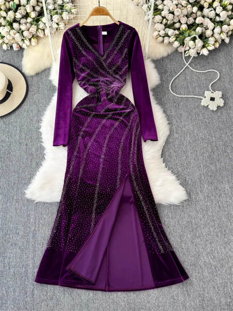 Retro V-Neck Velvet Starry Sky Dress For Women's Winter New Style Fashion Slim Package Hip Long Dress With Split For Party A338