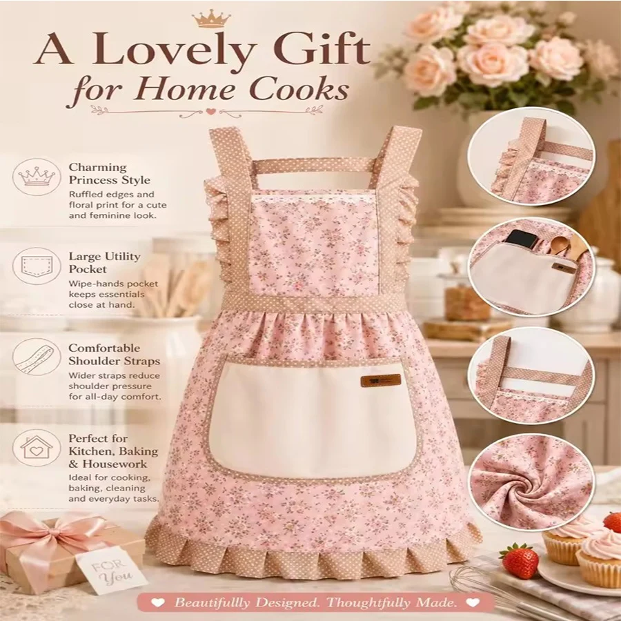 Princess Kitchen Apron for Women, Back Buckle Apron with Towel, Oil Proof Bib Apron with Large Pockets for Cooking