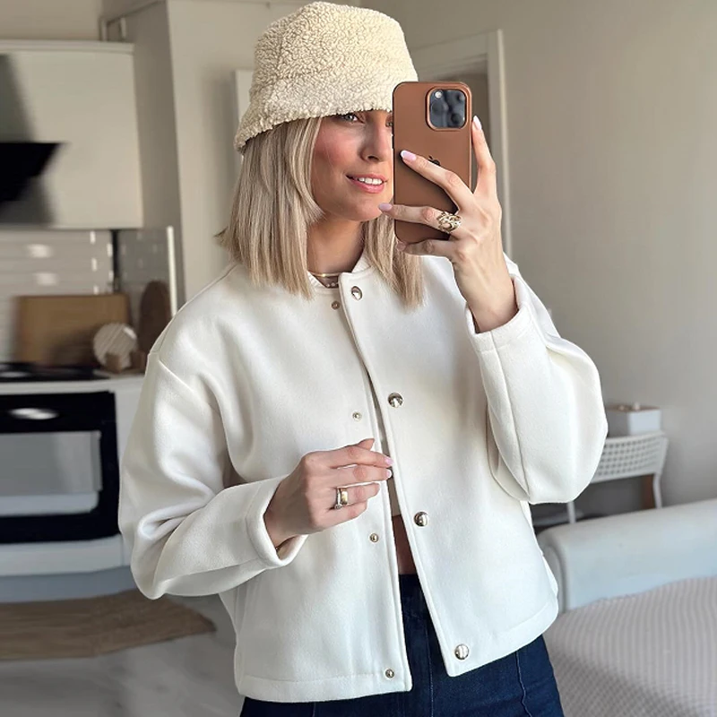 HXAO Bijgesneden beige jas Damesbomberjack Demi-seizoen Mode O-hals Knoop Lange mouw Jassen Chique Elegant Zacht Bovenkleding