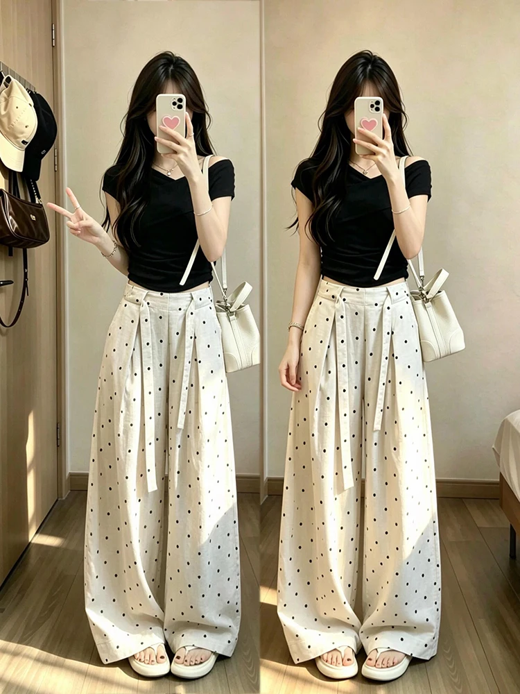 

Summer New plus Size Lazy Korean Style Black Polka Dot off Shoulder Top And Pants Set Comfortable Loose Fit High Waist Long P...