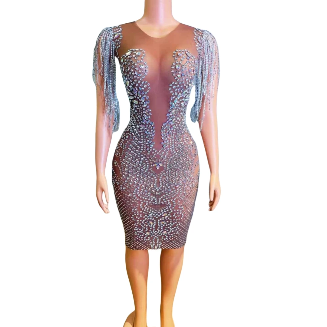 Stretch Rhinestone Fringe Short Mini Dress For Women Drill Chain Crystals Mesh Sheer See Thru Dressy Drag Queen Outfit Birthday