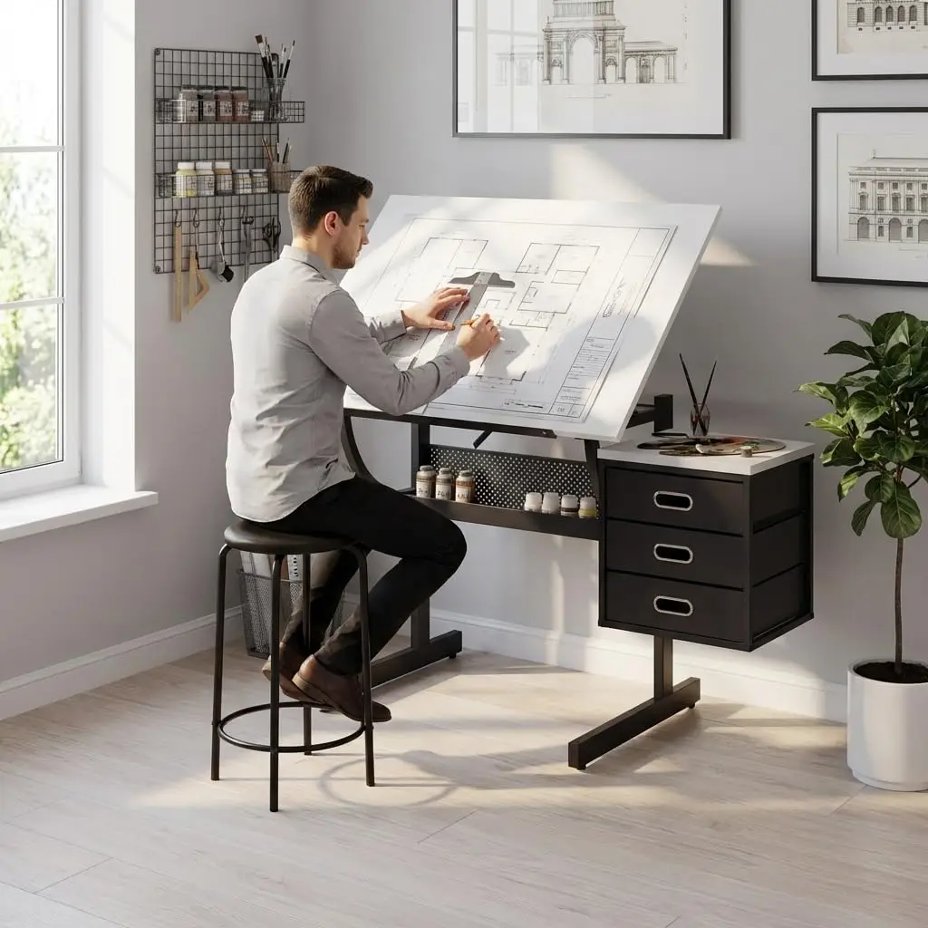 Adjustable Art Desk with Storage, 0-75° Tilting Drafting Table, 3 Drawers, Free Stool, Ideal for Diamond Painting, Architecture