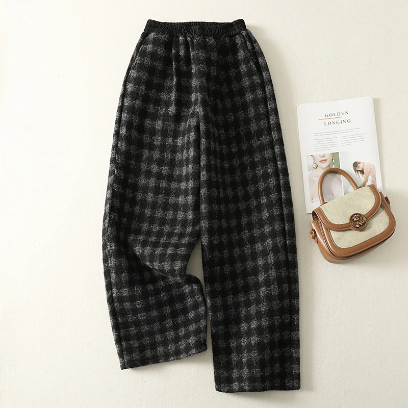 الرجعية منقوشة بنطال ذو قصة أرجل واسعة حجم كبير عادية تسع نقاط Thiened المرأة الهتاف مستقيم أنبوب بنطلون الخريف الشتاء القطن