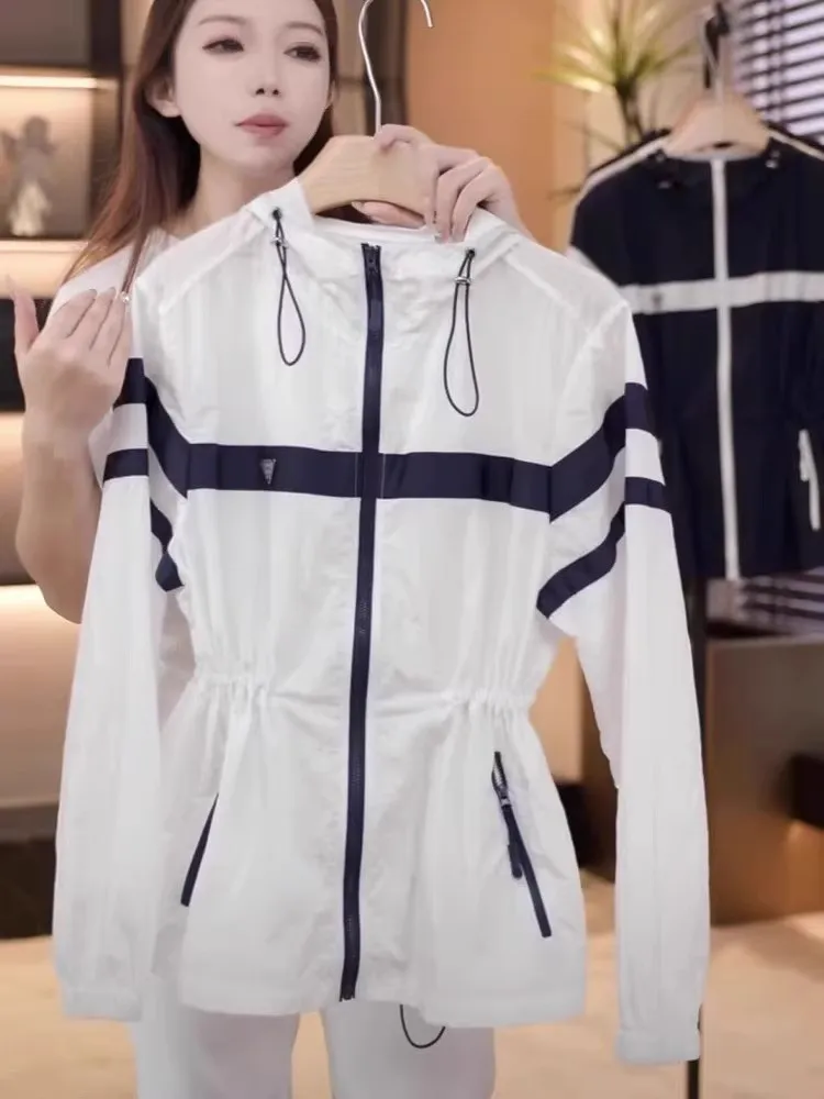 summer-new-casual-slimming-mid-length-women's-sun-protection-clothing-hooded-logo-splice-color-fashionable-outerwear