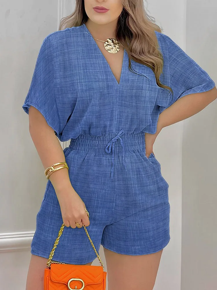 Jumpsuit Boho wanita, Jumpsuit Boho pendek mode musim panas kasual cetak leher V Playsuit elegan pakaian lengan pendek Romper