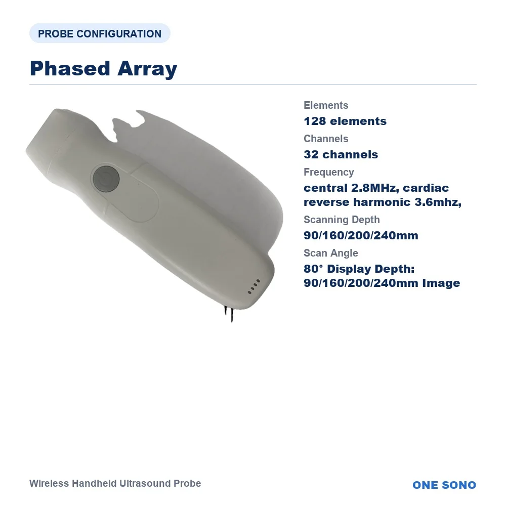 5PA Wireless Handheld Ultrasound Probe, Phased Array, 128 Elements, 32 Channels, 2.8/3.6/2.2MHz, for Cardiac, Lung & Pleura