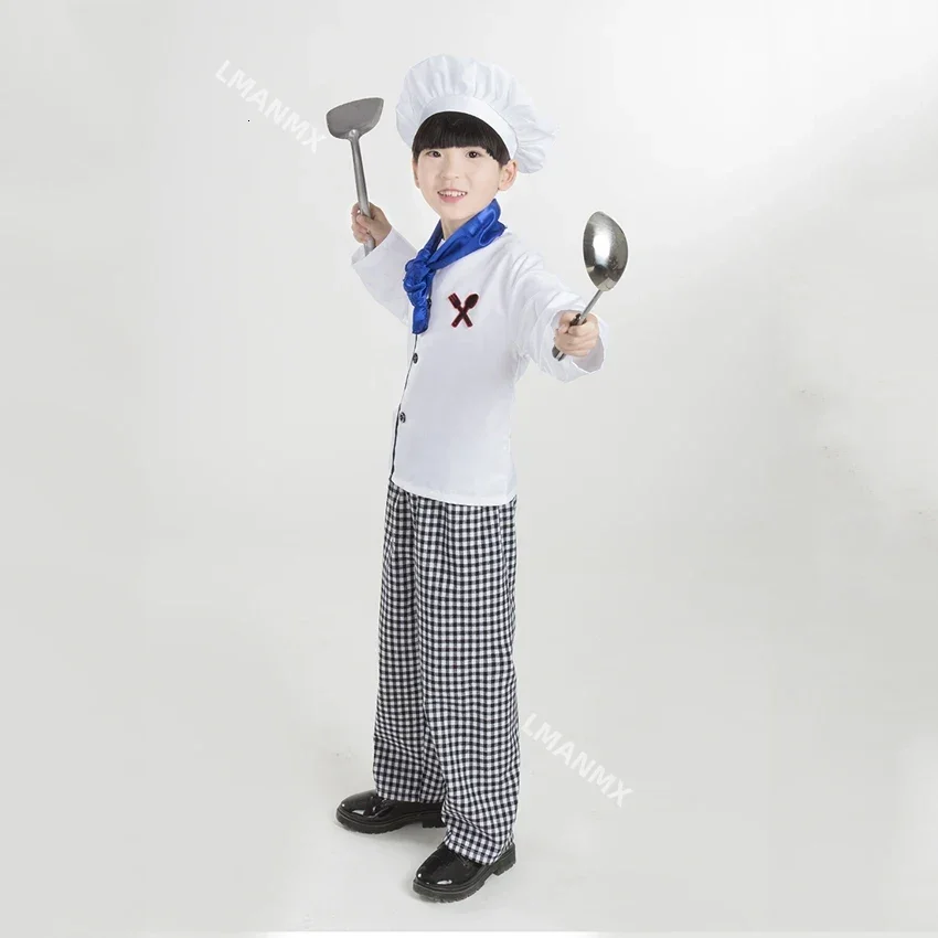 Kinder Chef Jas Geruite Broek Cook Uniform Food Service Halloween Carnaval Cosplay Kostuums Voor Kinderen Meisjes