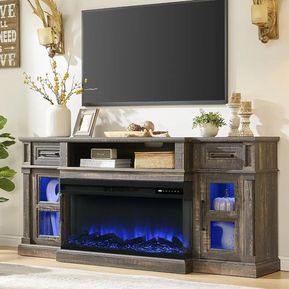 

Up to 80 LED TV Stand with 36 Electric Fireplace, Rustic Oak Entertainment Center and Storage