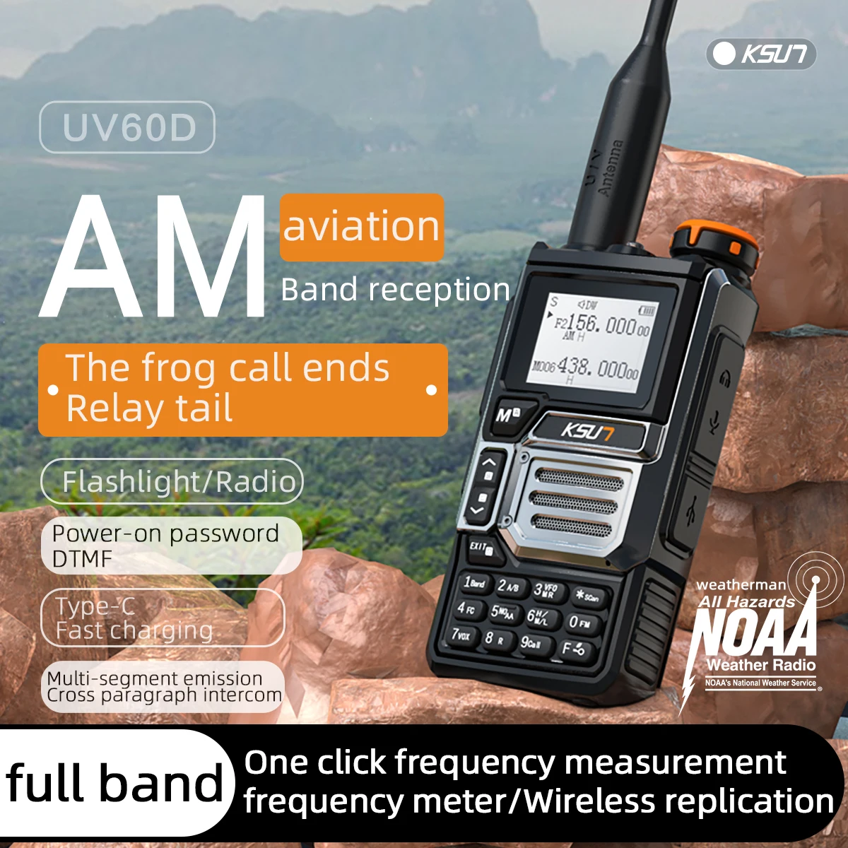 KSUN UV60D NOAA DTMF PTT HF رباط هوائي استقبال VHF UHF ثنائي النطاق راديو AM FM المحمولة كامل النطاق اسلكية تخاطب مع مصباح يدوي