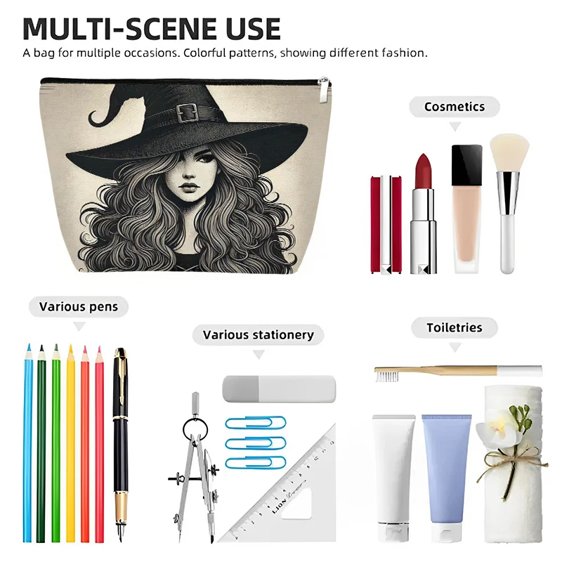 魅力的な魔女の化粧バッグ - 女性向けのかわいい多機能ジッパーポーチ、ジュエリー収納バッグ