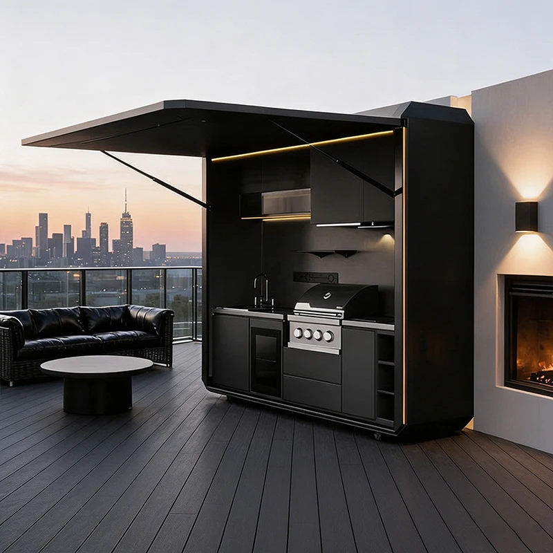 Luxury Modular Outdoor Kitchen Built in Gas Grill Sink Refrigerator Foldable Mobile BBQ Island Cabinet for Patio Garden Party