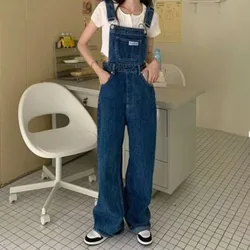 Women Vintage High Waist Wide Leg Jeans Bib Fashion Casual Denim Ropmers Solid Color Braces All-Match Loose Overalls New Rompers
