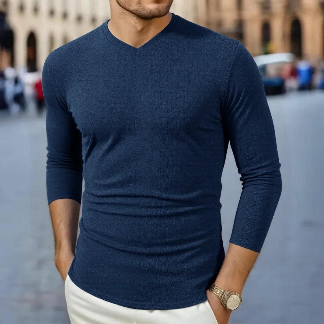New Men's Business Casual Long Sleeved Solid Color V-neck T-shirt for Autumn and Winter Comfortable Fashionable Versatile Top