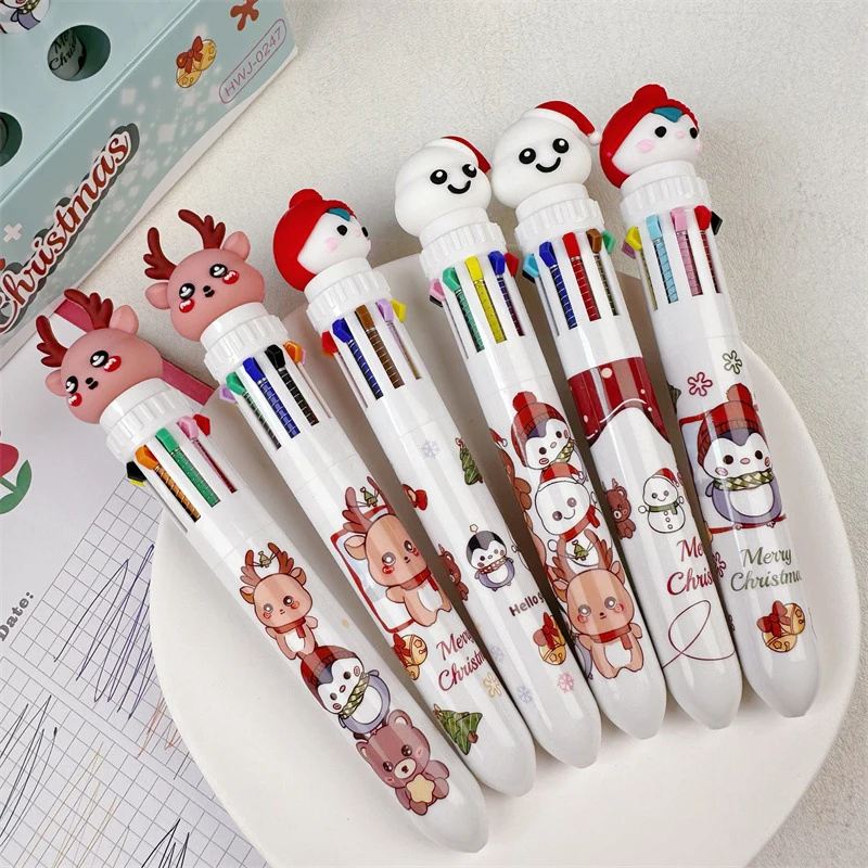 1 ชิ้น 10 สีคริสต์มาสปากกาลูกลื่น Kawaii การ์ตูน Elk บัญชีมือปากกาที่มีสีสันปากกามัลติฟังก์ชั่นอุปกรณ์สํานักงานโรงเรียน