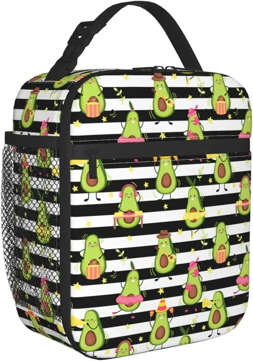 

Cute Avocado Lunch Bag Black and White Stripes Thermal Lunch Box Insulated Meal Bag Food Container for School Work Picnic Travel