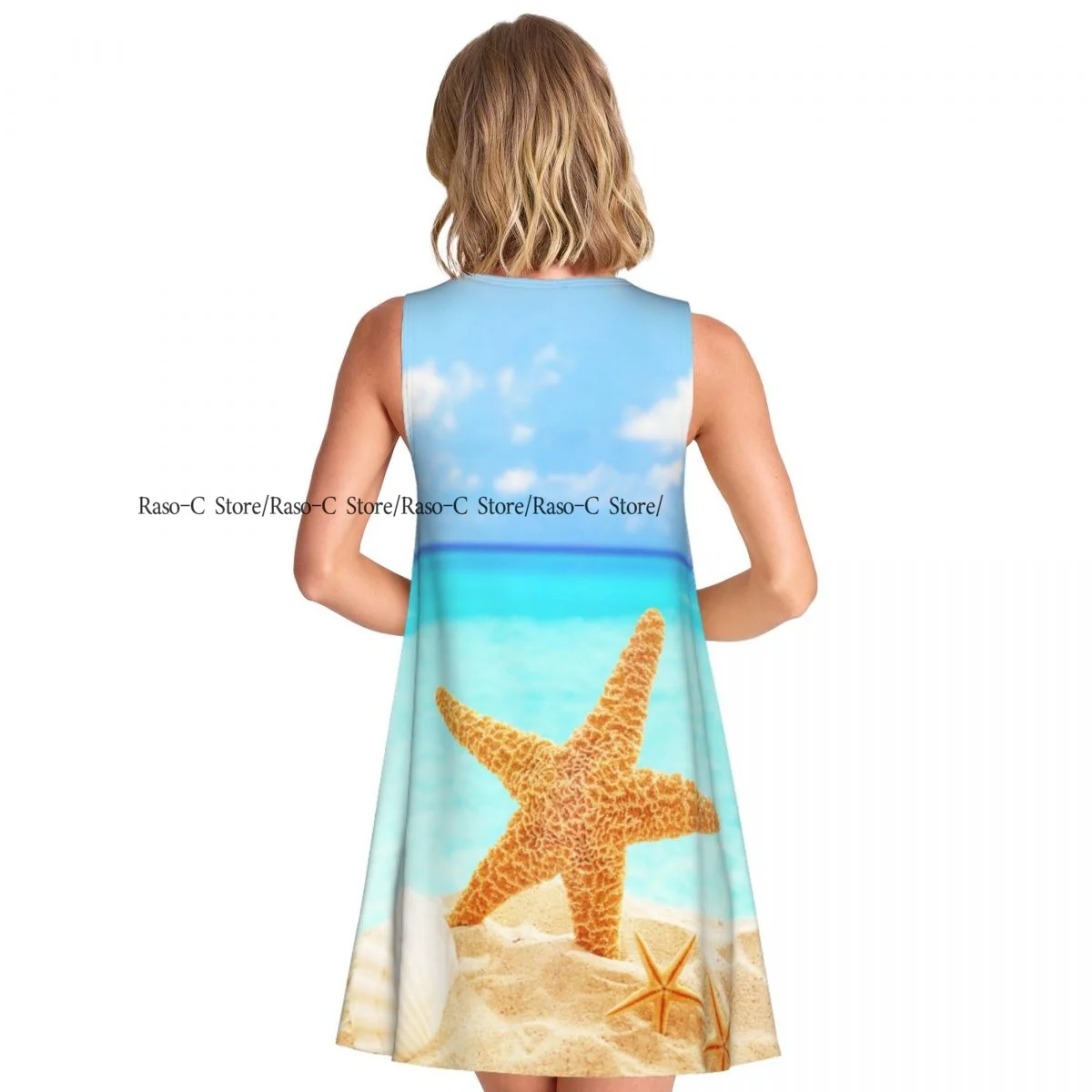 ชุดสตรีฤดูร้อนชุดลําลองเสื้อยืดชายหาดปกคลุมปลาดาวและเปลือกหอยบน Sandy Beach Tank Dress