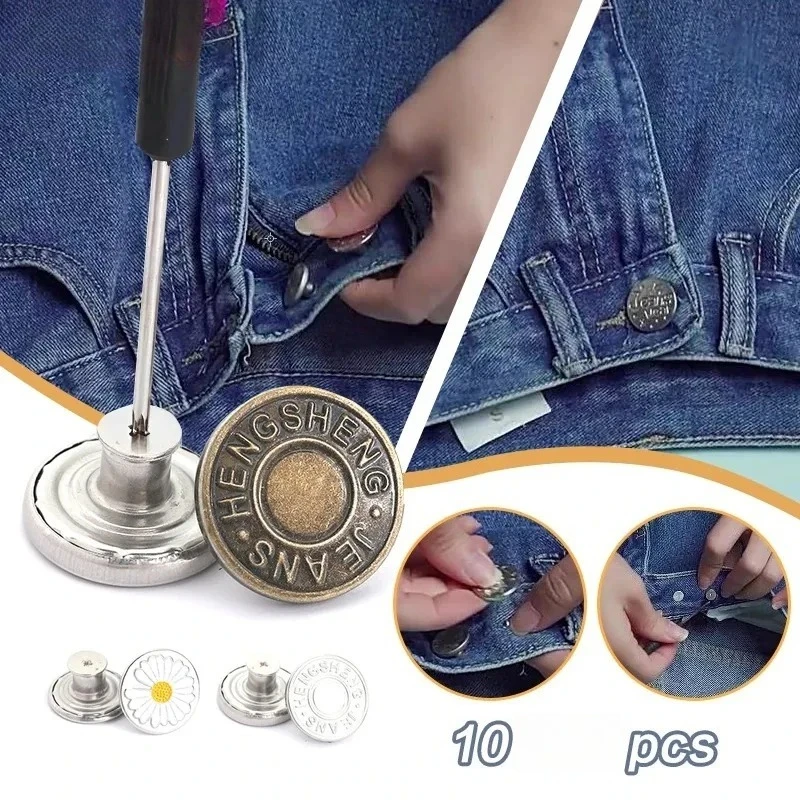 10Pcs Metal Jeans Buttons 17mm Replacement No-Sewing Screw Button Repair Kit Nailless Removable Jean Buckles Clothing Pants Pins