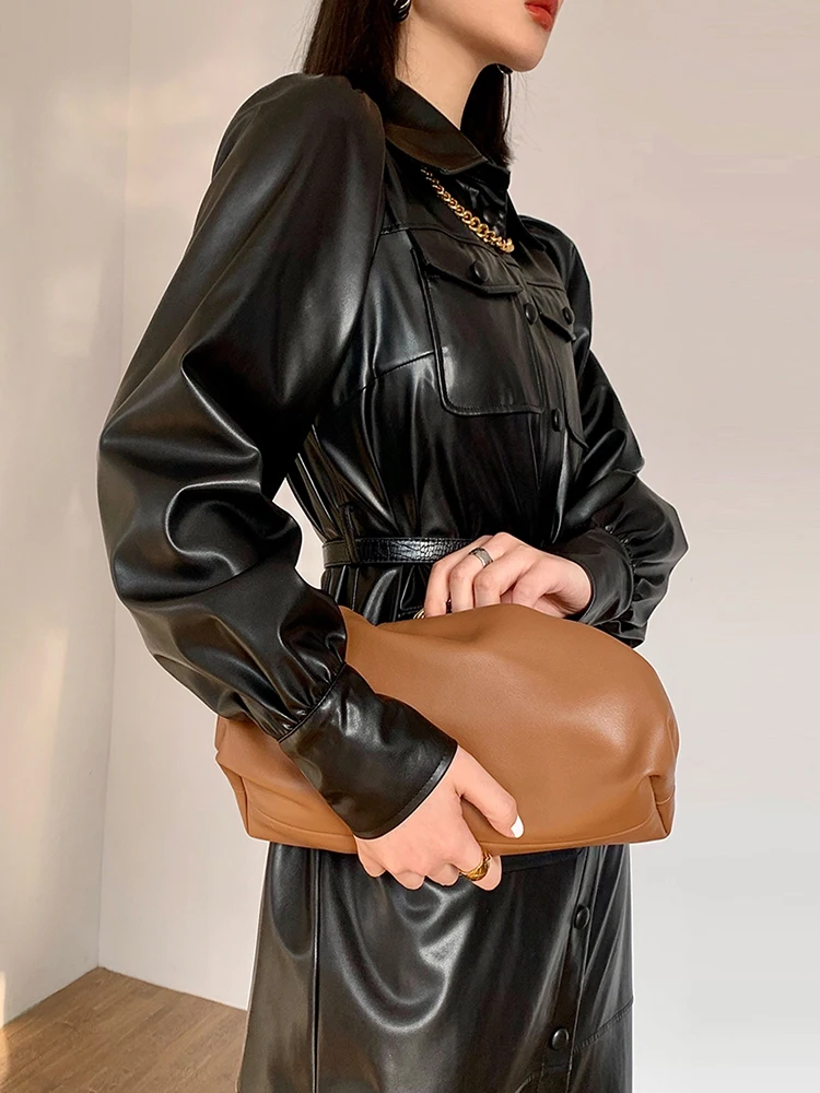 Lautaro Spring long leather shirt dress women with long puff sleeve belt pockets buttons Faux leather dresses for women 2021 7xl