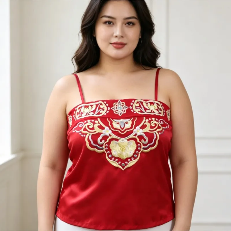 Plus Size Women Hanfu Cami Vintage Embroidery Tank Top Traditional Chinese Style Fairy Inner Wrap Camisole For Daily Wear