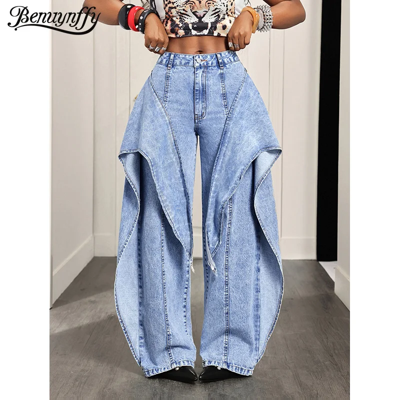 Benuynffy Fashion High Street 2 In 1 Wide Leg Jeans Women's New American Retro Y2k Mid Waisted Loose Female Denim Trousers